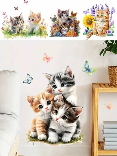1Pc Cute Kawaii Kitten Wall Stickers - Removable Cartoon Cat Design Nursery Kids Room Decor, Back To School Aesthetic Dorm Easy Apply Peel Stick Wall Decal