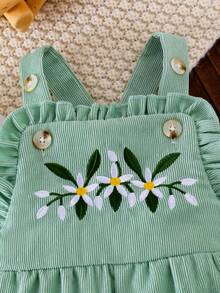 Baby Girl 3pcs Set Casual Outfit, Includes Solid Color Ribbed Splice Long Sleeve Tee Shirt, Floral Embroidery Bib Strap Pants With Pockets, And Bow Headband, Suitable For Spring & Autumn