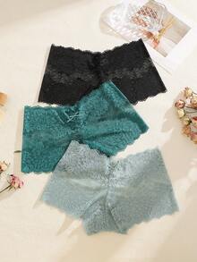 3pcs/Set Solid Color Bow Floral Lace Panties, Sexy & Romantic Women's Underwear - Multicolor - View 3
