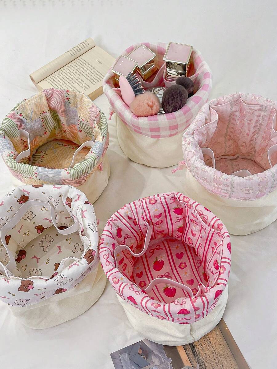 1个帆布抽绳圆筒化妆包，女士抽绳旅行化妆包，抽绳帆布水桶包，可爱碎花抽绳化妆包，大容量化妆品收纳包，旅行圆筒化妆包，洗漱包，女士帆布圆形手提包收纳包，手提包钱包收纳包，圆形化妆袋，水桶形化妆包 - 彩色 - 查看 1