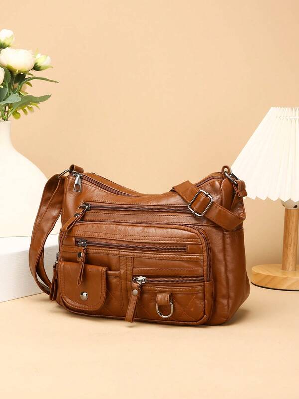 حقيبة كتف جلد اصطناعي سعة كبيرة متعددة الجيوب ذات لون أحادي