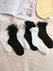 5 Pairs Random Women's Bow, Ruffle, Floral Lace Trim Thin White & Black Mid-Calf Socks, Soft Comfortable Minimalist Lace Socks, Suitable For Daily & Outdoor Wear Women Hosiery