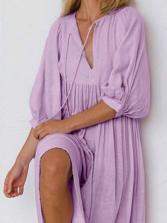 女装秋冬紫色波西米亚复古灯笼袖口袋优雅休闲度假连衣裙