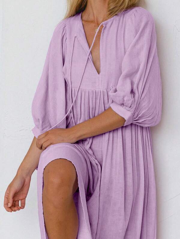 Women's Autumn And Winter Purple Bohemian Retro Lantern Sleeve Pocket Elegant Casual Holiday Dress