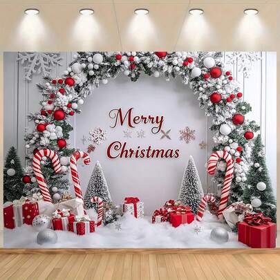 1 Tela de fondo navideño festivo con diseño de arco y árbol, perfecta para decoración de pared navideña, fondos de fotos familiares, decoraciones de fiesta de Navidad, jardines del hogar, decoración de oficina, para agregar un ambiente festivo.