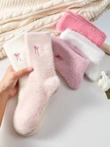 2/4 Pairs Women Bow & Heart Pattern Cute Minimalist Cashmere Blend Mid-Calf Socks, Thick Soft Fluffy Warm Comfortable, Random Colors - Multicolor - View 8