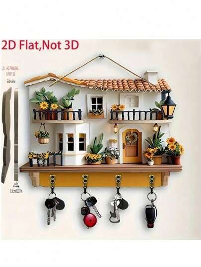2D flach, 1 Stück süße Villa - Holz Multifunktions Schlüsselhalter (29,97 cm x 23 cm), mit 4 Metallhaken - Wanddekoration, Veranda Dekoration, Raumdekoration, Villa Dekoration, Ganzjahres Heimdekoration, 2D flach