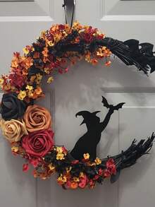14inch Gothic Christmas Wreath - Cat Moon Silhouette With Autumn Leaves And Roses, Durable Plastic Door Hanging Decoration, Thanksgiving Home Decoration, Christmas Home Decoration, Moonlight Night Theme, Dark Aesthetic Handmade Style, Party Decoration, Fall Decor, Christmas Gifts, Christmas - Multicolor - View 3