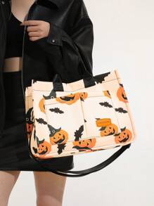 百搭竖条纹流浪汉单肩包，女士钱包和手提包，大容量多口袋帆布单肩通勤包，手提包，轻便休闲托特包，斜挎包，学生学校笔记本电脑包，简约运动背包，多隔层和多口袋，万圣节包，非常适合万圣节派对，搭配万圣节服装，送给女性的最佳万圣节礼物 - 彩色 - 查看 4