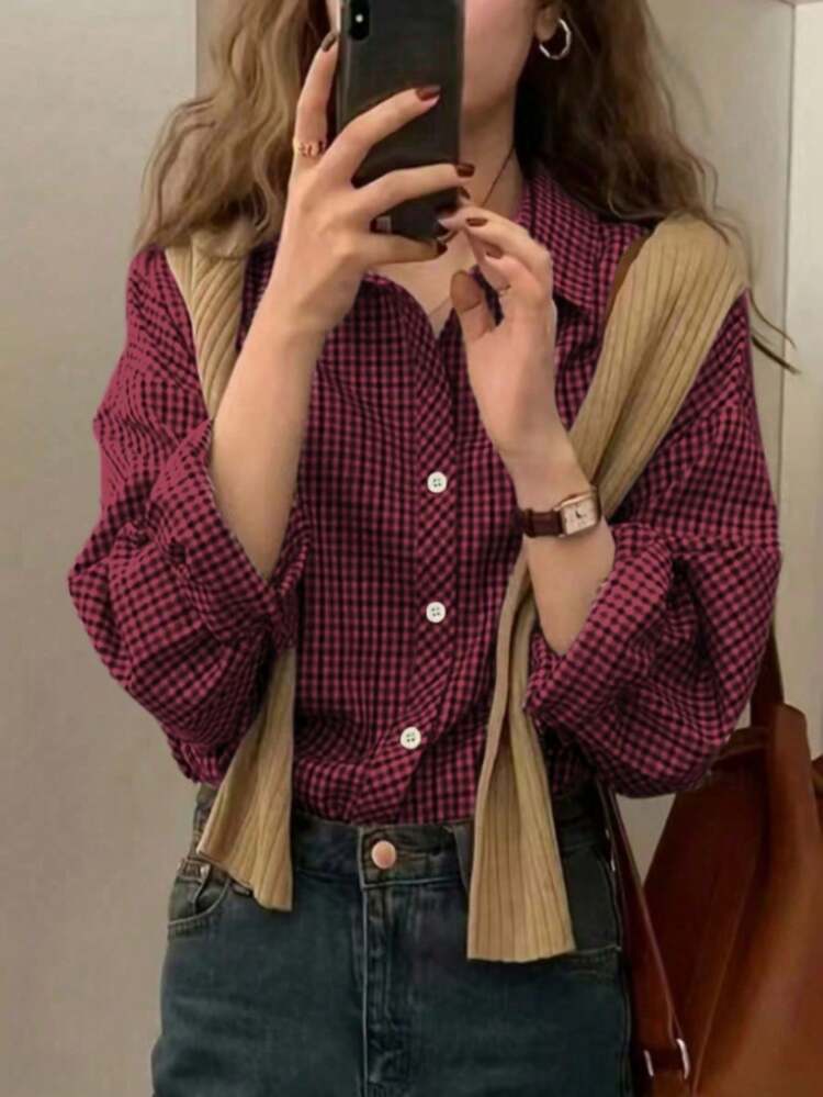 Camisa a cuadros casual/de trabajo para mujer de talla grande, con cuello clásico, cierre de botones delantero y longitud regular - Rojo - Añade 3