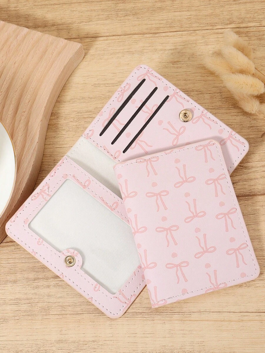 粉色蝴蝶结爱心图案迷你钱包，时尚简约卡包，纤薄轻巧便携，可装现金、身份证、信用卡、硬币，适合作为生日、周年纪念礼物送给爱人、女性、女孩、青少年、大学生、男士 - 粉色 - 查看 1