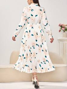 Women's Elegant Long Sleeve V-Neck Fashion Pleated Ruffle Collar Tie Waist Dress, Casual Wear