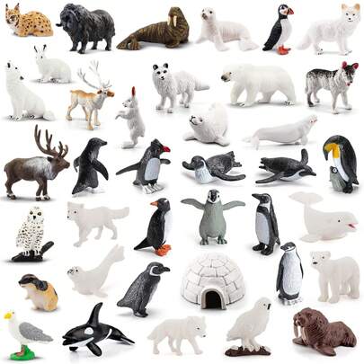 北极动物模型、迷你极地动物玩具雕像和野生沙漠动物雕像玩具套装，包含企鹅、驯鹿、熊、狼、野兔、白鲸、虎鲸、海象、雪鸮、麝牛、猞猁等，逼真的手绘野生动物模型，适用于返校立体模型项目，塑料北极苔原微型益智玩具，万圣节、圣诞节装饰蛋糕装饰，生日复活节礼物，适合男孩女孩