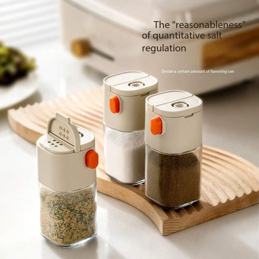 Household Quantitative Salt Bottle, Double Mouth Metering Control Salt Spray Seasoning Jar, Kitchen Press Type Glass Seasoning Bottle, Salt Jar - 米色 - 查看 1