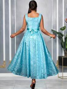 AOMEI hellblaues elegantes Damen Kleid mit quadratischem Ausschnitt, ärmellos, Spaghettiträger, Blumen Jacquard, tailliert und ausgestellt, Cocktail Party Kleid