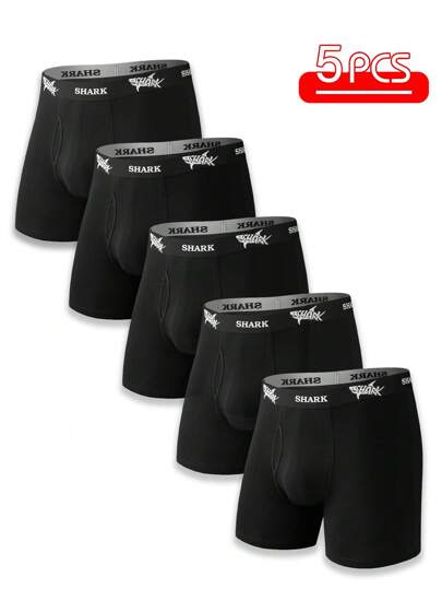 Conjunto de calcinha boxer de 5 peças em algodão preto masculino, esportivo, confortável e com design estiloso