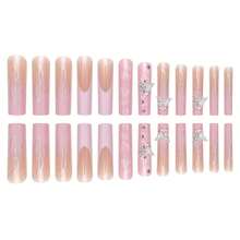 Pink French Tip Press On Nails Long Coffin Fake Nails Acrylic False Nails With 3D Silver Butterfly Designs Glitter Nail Press Ons Glossy Artificial Nails Summer Stick On Nails For Women 24Pcs - 長款-C5C8 - 查看 3