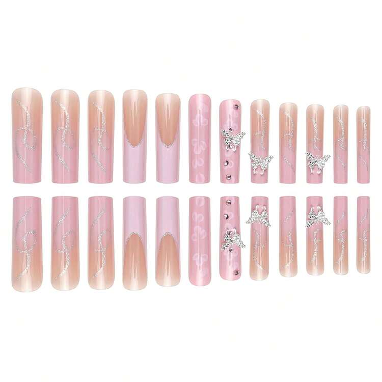 Pink French Tip Press On Nails Long Coffin Fake Nails Acrylic False Nails With 3D Silver Butterfly Designs Glitter Nail Press Ons Glossy Artificial Nails Summer Stick On Nails For Women 24Pcs - 長款-C5C8 - 查看 3
