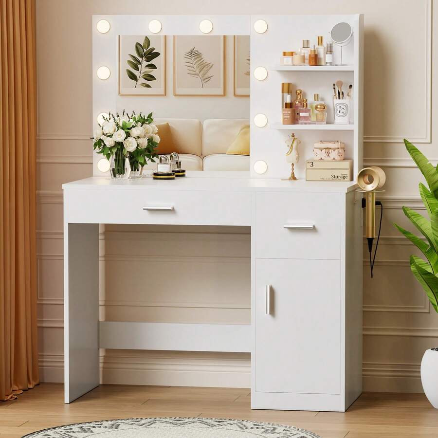 Makeup Vanity Desk With Adjustable Tri-Color LED Light & Power Outlet& Partitioned Cabinet - View 1