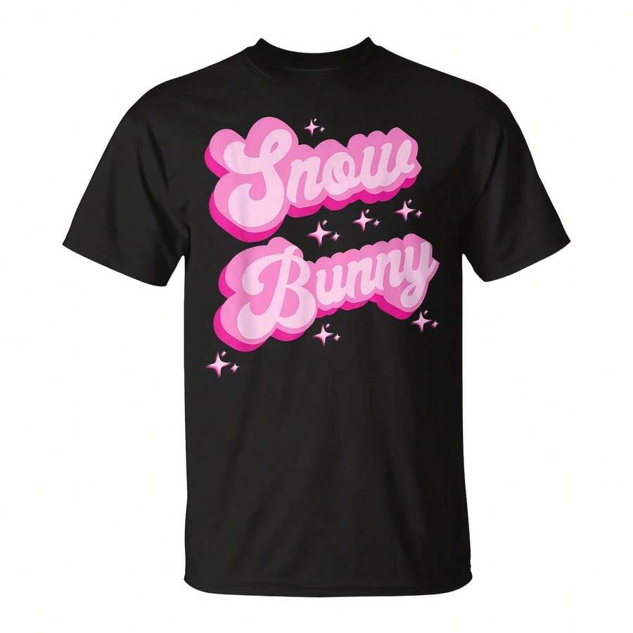 Hot Pink Aesthetic Ski Lover Winter Wonderland Snow Bunny T-Shirt - Black 2 - View 1