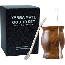 LA FEE Yerba Mate Natural Gourd/Tea Cup Set Brown (Original Traditional Mate Cup - 8 Ounces),Includes Yerba Mate Straw & Cleaning Brush,Stainless Steel |   Double-Walled |   Easy To Clean (Black) - 棕色 - 查看 1