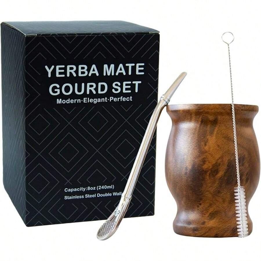 LA FEE Yerba Mate Natural Gourd/Tea Cup Set Brown (Original Traditional Mate Cup - 8 Ounces),Includes Yerba Mate Straw & Cleaning Brush,Stainless Steel |   Double-Walled |   Easy To Clean (Black) - 棕色 - 查看 1