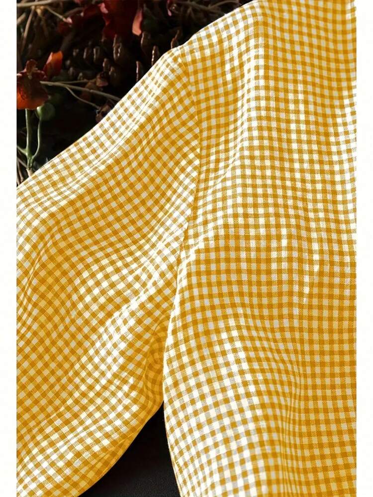 大码格子纽扣前口袋衬衫，优雅日常穿着 - 黃色 - 查看 2