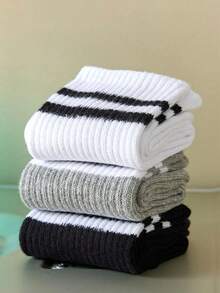 3/6 pares de meias unissex de cano médio, pretas/brancas/cinzas, com listras duplas, para atividades ao ar livre, meias casuais de cano médio, meias de inverno unissex, meias grossas, meias altas, meias de outono