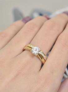 AIHUASI 2pcs/Set Elegant 925 Sterling Silver Yellow Gold Color Wedding Rings Bridal Set For Women 6.5*6.5mm 1.0 Carat Brilliant Dazzling Round Cut AAAAA Cubic Zirconia Solitaire Engagement Ring Fine Jewelry Valentines Gift - Yellow Gold - View 3