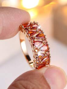 1pc Elegant Orange Teardrop Synthetic Champagne Gold Plated Ring For Women, Suitable For Halloween, Valentine's Day, New Year Party, Daily Wear, All Seasons