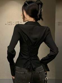 Áo sơ mi nữ màu trơn thanh lịch với chi tiết thắt dây phía sau và cúc cài phía trước độc đáo - Tay dài, phù hợp cho mọi mùa, màu đen mùa xuân. - màu đen - Xem 4