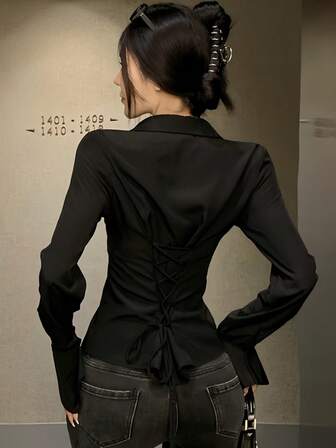 优雅女士纯色衬衫，配有独特的后系带和前纽扣细节 - 长袖，适合所有季节