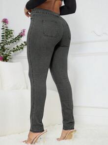 女式简约纯色休闲紧身牛仔裤 - 灰色 - 查看 10