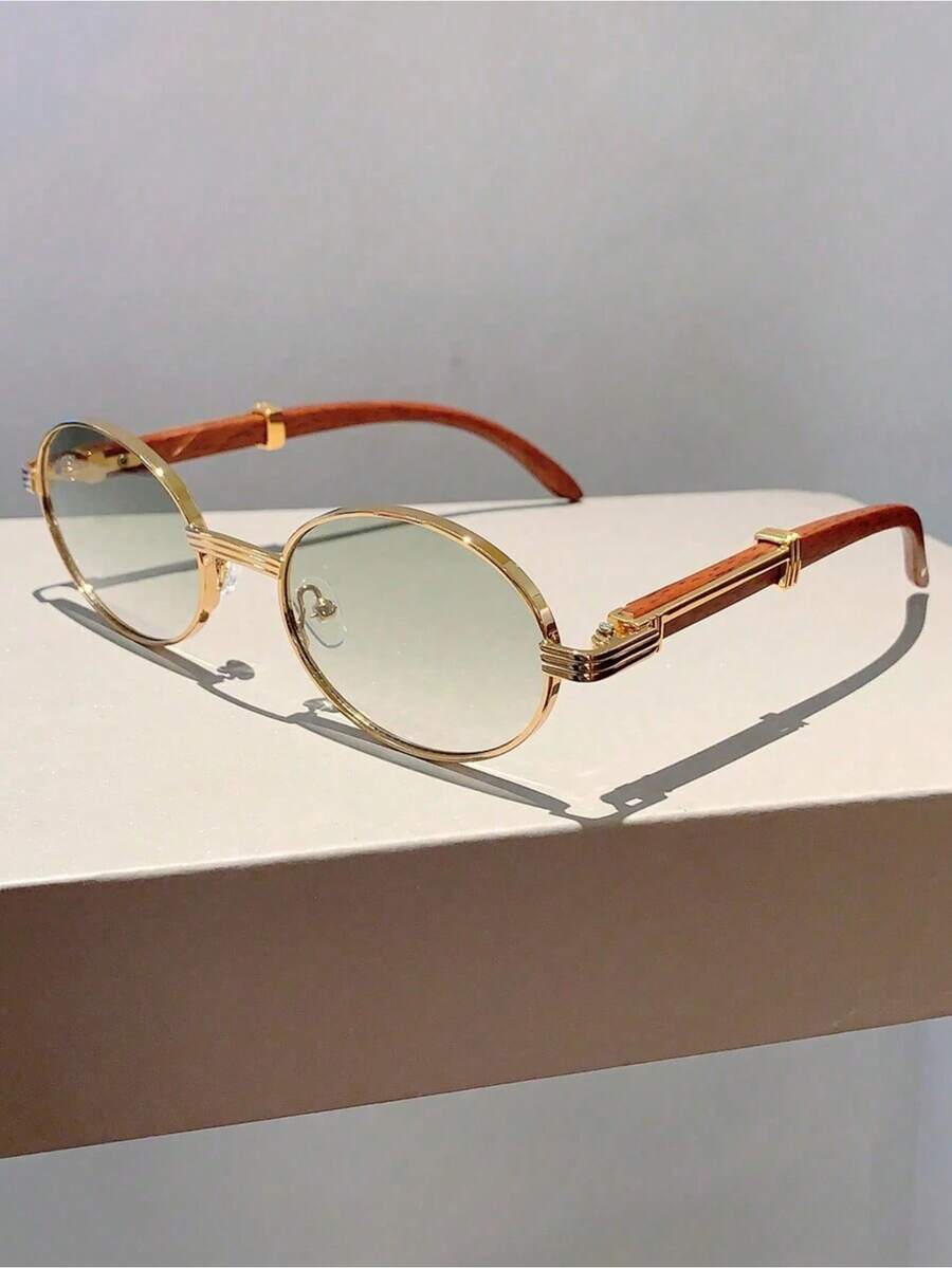 New Retro Oval Frame Fashion Glasses With Design And Wood-Grain Textured Arms Vintage Shades Beach Accessories Beach Accessories Women Glasses Shades Summer Beach Vacation,Outdoor,Travel Temple Decoration Vintage Style Oval Frame Going Out Outfit,Back To School2026 - C1 金色透明邊框 - 查看 1