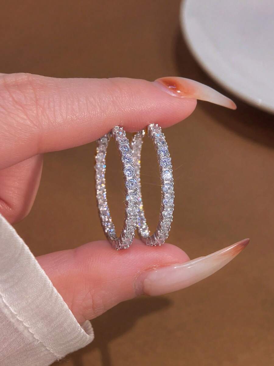 1 对 S925 纯银全钻耳环优雅精致高端珠宝礼物节日礼物生日礼物适合女性日常佩戴 - 滿鑽耳環 - 查看 1