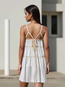 Women Causal Cami Dress Loose Scoop Neck Sleeveless Open Back Tie Short Tiered Ruffle Dress Summer Streetwear - trắng - Xem 4