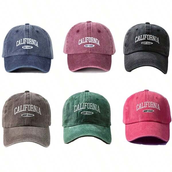 1 pezzo Cappellino da baseball unisex con ricamo "California", effetto vissuto, colore tinta unita, protezione solare, spessore rinforzato