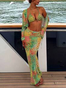 Bohemian Style Chiffon Printed Romantic Sexy Beachwear 4-Piece Set: Swimsuit, Cover-Up, Skirt