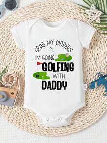 GRAB MY DIAPERS I'M GOING GOLFING WITH DADDY Print Funny Baby Romper Casual Comfortable Short Sleeve Newborn Clothes Cotton Fashion Triangle Jumpsuit - trắng - Xem 1