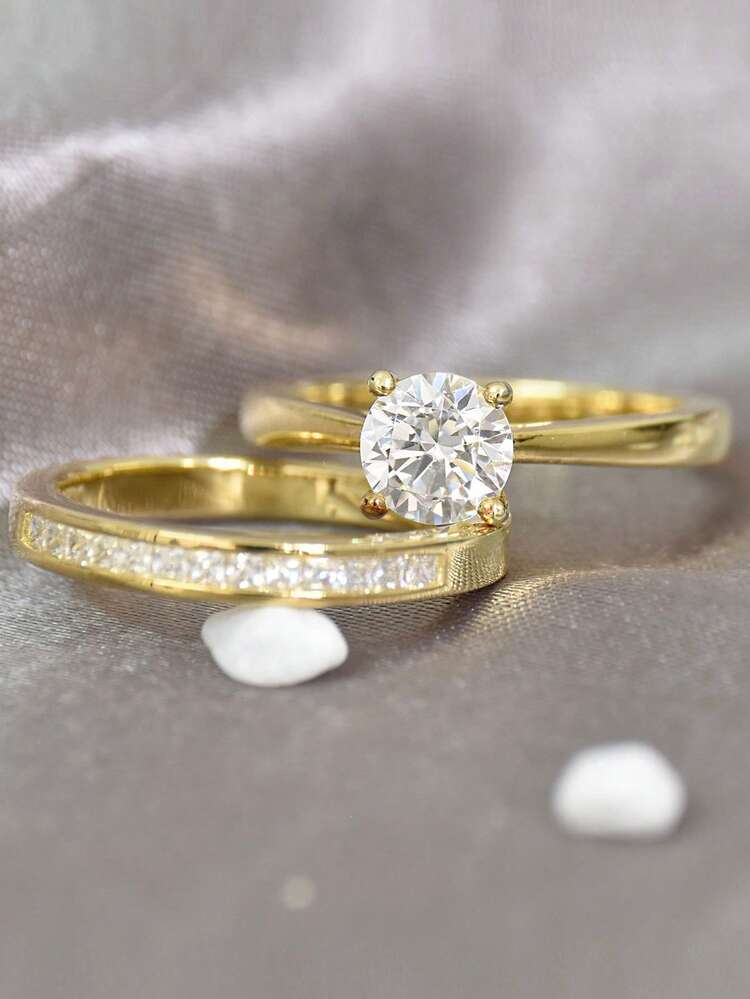 AIHUASI 2pcs/Set Elegant 925 Sterling Silver Yellow Gold Color Wedding Rings Bridal Set For Women 6.5*6.5mm 1.0 Carat Brilliant Dazzling Round Cut AAAAA Cubic Zirconia Solitaire Engagement Ring Fine Jewelry Valentines Gift - Yellow Gold - View 8