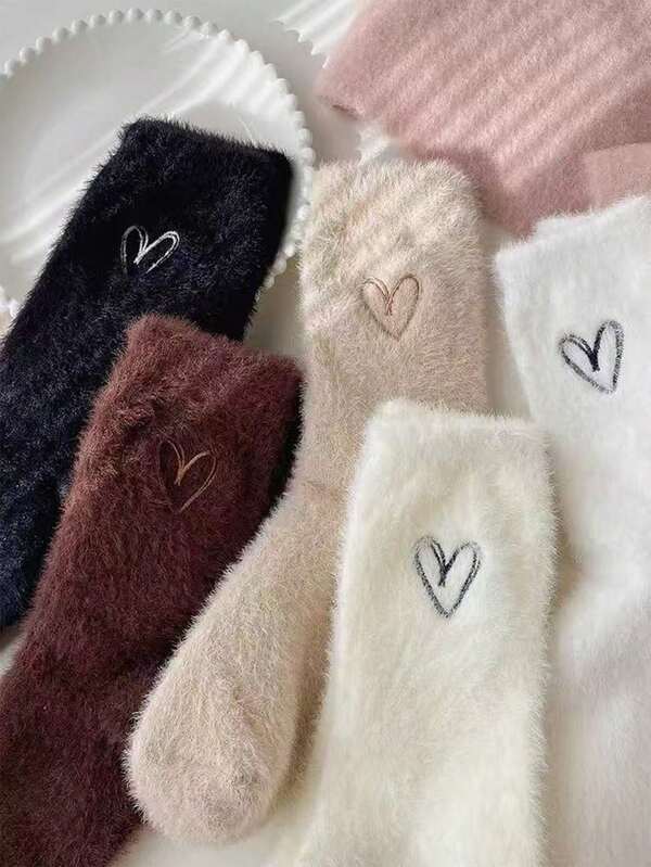 5 par/förpackning damtjocka varma termosockor med sött hjärtmönster, enfärgade mittvadsockor för vår, höst och vinter