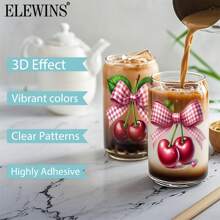 ELEWINS 12pcs Cherry Blossom Bow UV Printed Waterproof Crystal Cup Stickers DIY