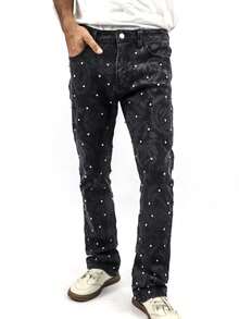 Diamond Print Elastic Tight Jeans, Men's Straight Leg Jeans, Casual Pants, Slim Fit Jeans, Retro Beggar Hip-Hop Pants - 黑色 - 查看 3