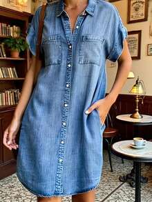 Lightweight And Breathable Denim Style Short-Sleeved Loose Casual Dress - Durable Buttons With Pockets, Lapel Slim Dress, Fashionable Home Robe Bathrobe, Retro Pocket Short-Sleeved A-Line Skirt - 藍色 - 查看 3