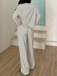 2-Pack Women's Autumn Striped Pajama Set Loose Round Neck Top Elastic Waist Pants Can Be Worn As Outerwear Home Clothes Set Drop Shoulder Sleeve Fashionable Temperament Y2K - 灰色 - 查看 2
