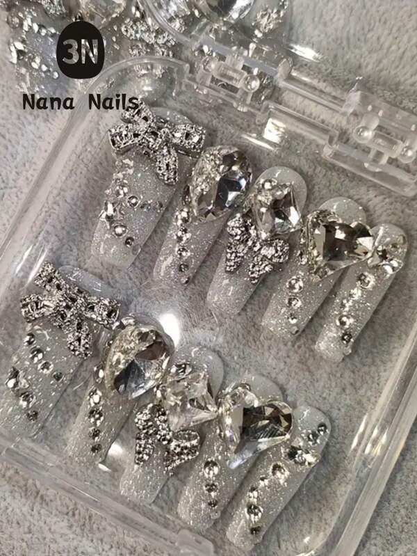 1Package/10pcs Pure Handmade Wearable Press On Nails Heavy Full Fake Rhinestone Sparkle Elegant Style Nail Art Removable Reusable, With 1pc Jelly Glue&1pc File