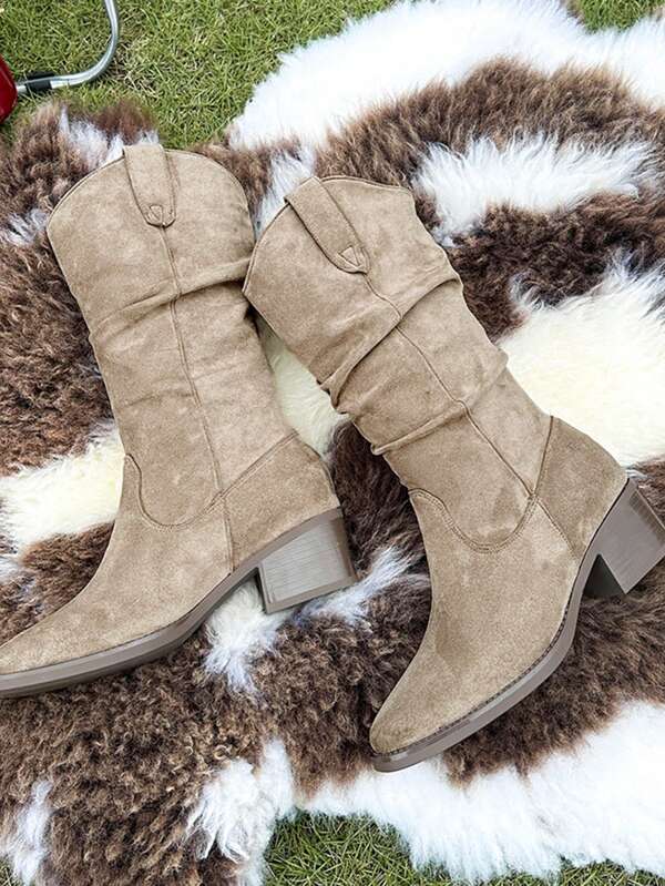 Casual And Fashionable Suede High Top Knight Boots, Western Pile Boots, 2025 Autumn And Winter New Style, Thick Heel Brown V-Neck Long Boots For Women