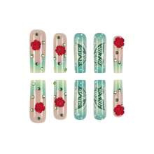 Square Press On Nails Long Fake Nails Green Sparkly Butterfly False Nails With 3D Rose Designs French Tip Nail Press Ons Glossy Acrylic Artificial Nails For Women 24Pcs - 長款-C5C47 - 查看 2