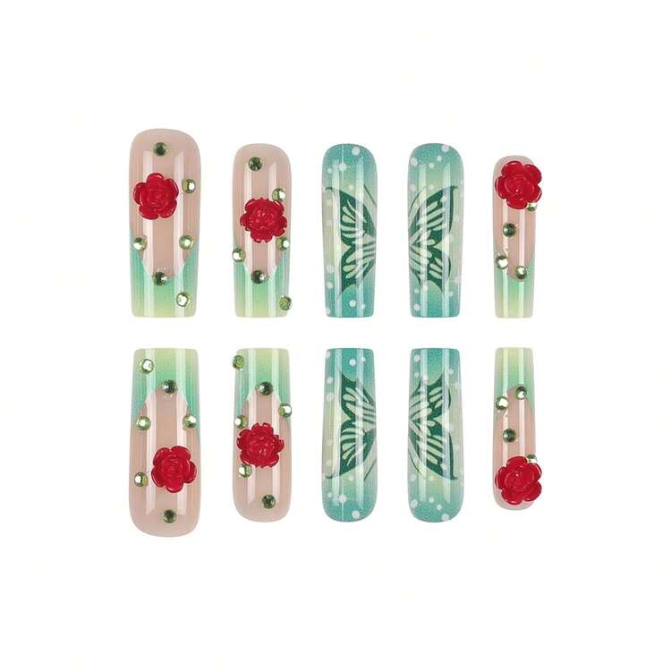 Square Press On Nails Long Fake Nails Green Sparkly Butterfly False Nails With 3D Rose Designs French Tip Nail Press Ons Glossy Acrylic Artificial Nails For Women 24Pcs - Kiểu dài-C5C47 - Xem 2