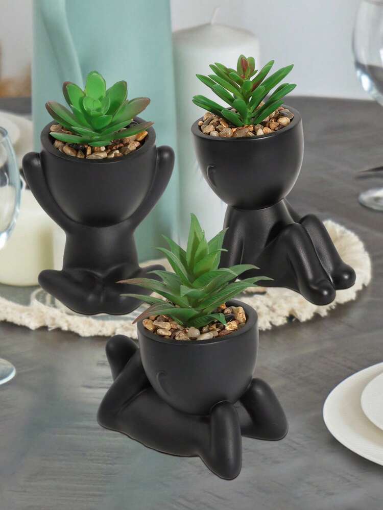 1盆/3盆仿真多肉植物，单盆迷你多肉盆栽，3种形状可选，黑色陶瓷盆，卡通设计，PP/PE材质，绿色，桌面装饰，家居装饰，花园装饰，学校，宿舍，办公室装饰，户外植物，园艺，仿真花，返校季房间装饰，学习用品 - 黑色 - 查看 8
